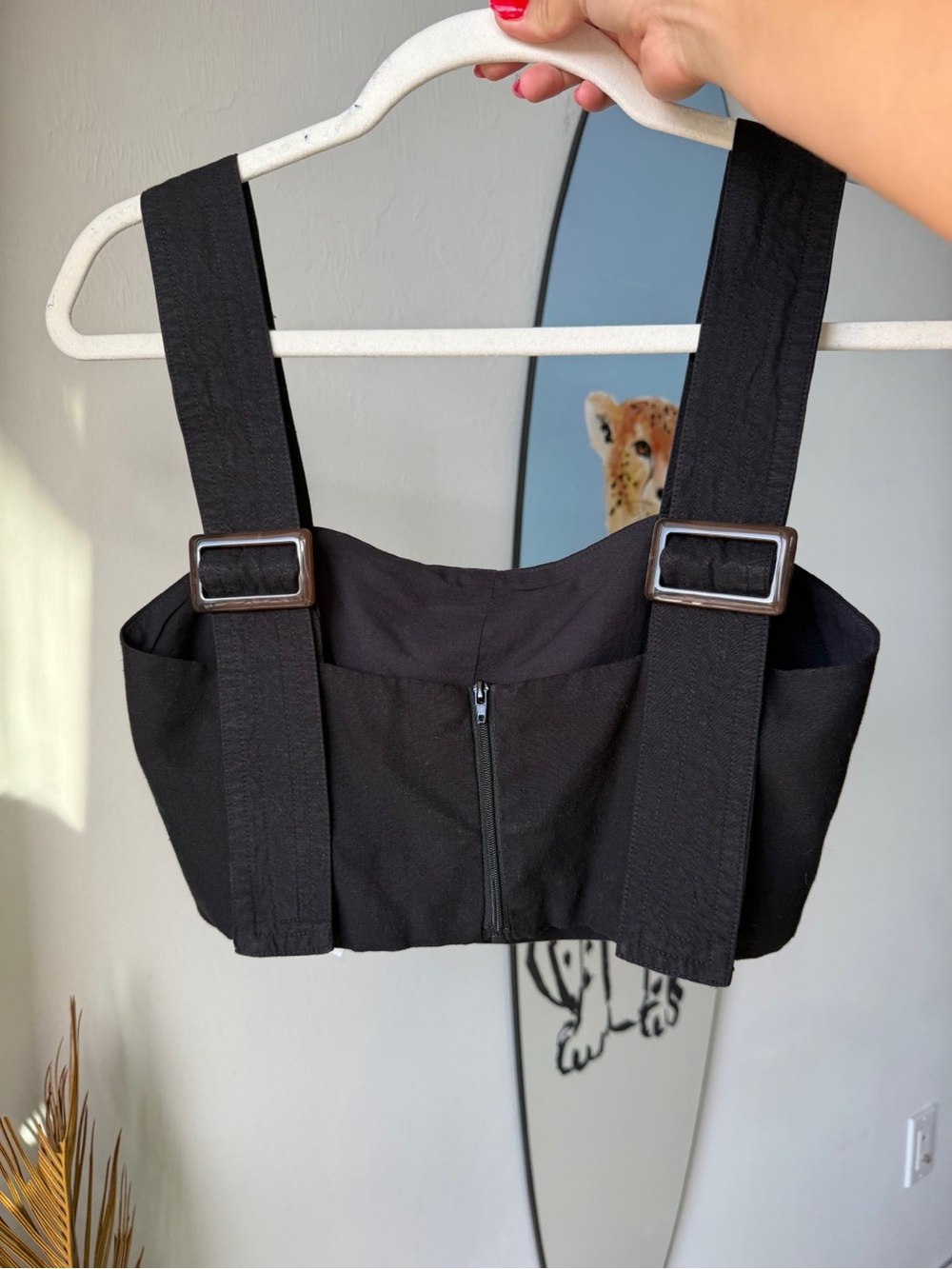 DL161 Zarda Linen Blend Black Crop Top Buckle Straps